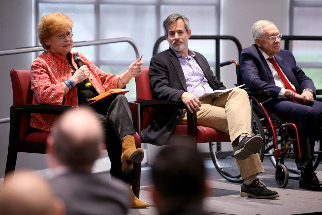 Author and historian Deborah Lipstadt speaks with journalist Jonathan Weisman, center, and form ...