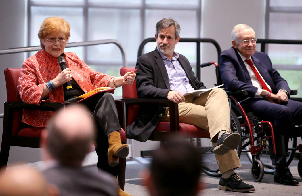Author and historian Deborah Lipstadt speaks with journalist Jonathan Weisman, center, and form ...