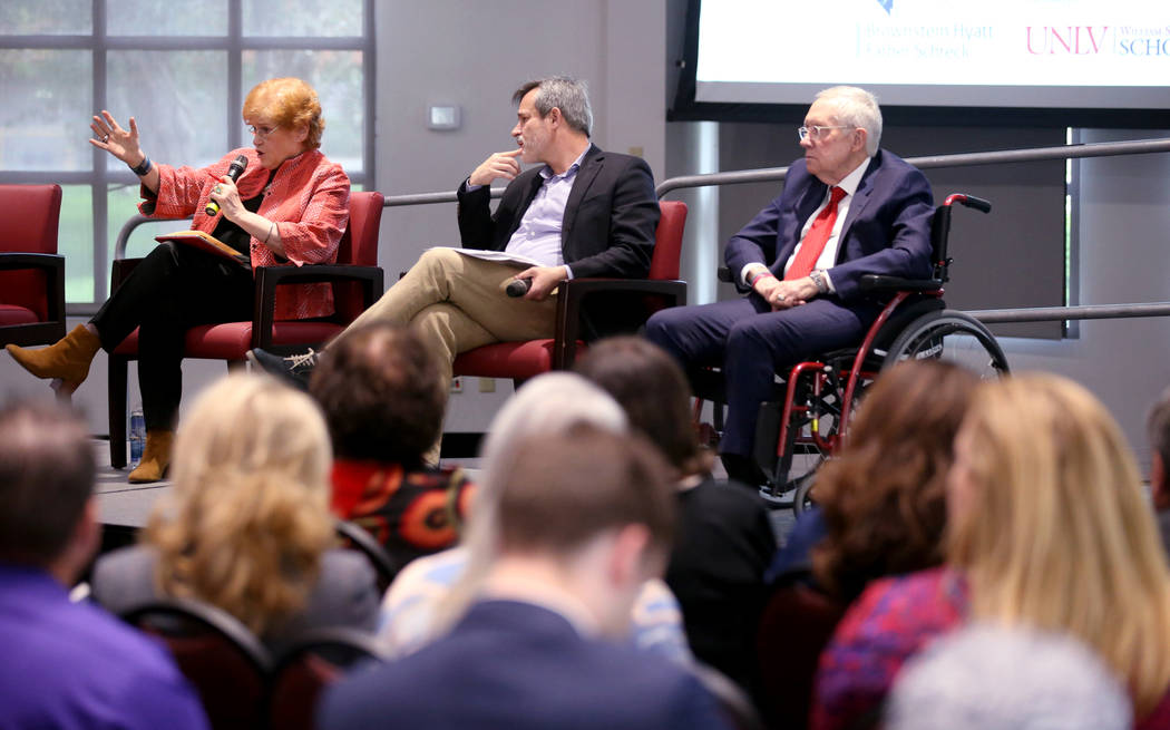 Author and historian Deborah Lipstadt speaks with journalist Jonathan Weisman, center, and form ...