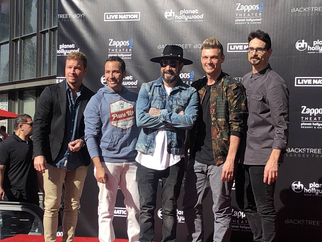 The Backstreet Boys are shown during their hand-print ceremony at Planet Hollywood on Friday, A ...