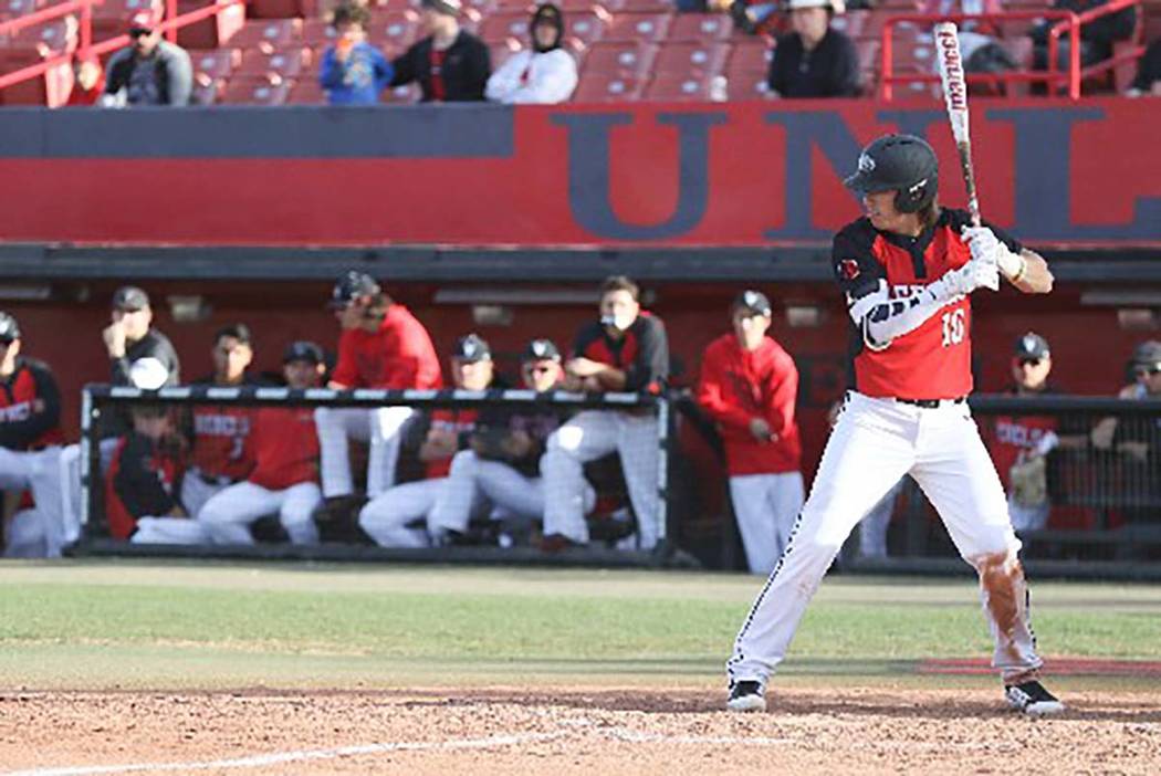 UNLV shortstop Bryson Stott bats against Loyola Marymount on Feb. 18 at Wilson Stadium. (UNLV A ...