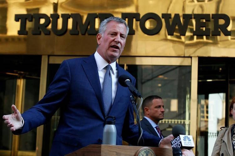 New York City Mayor Bill de Blasio speaks with the media Nov. 16, 2016, after meeting with U.S. ...