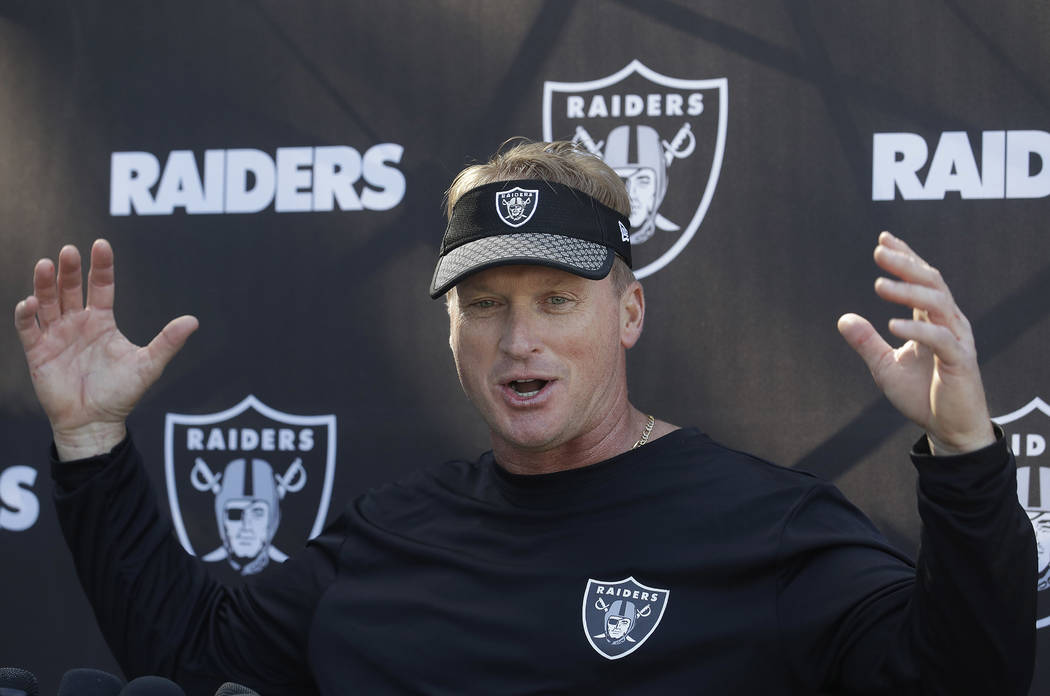 Oakland Raiders head coach Jon Gruden speaks to reporters at the team's football facility in Al ...