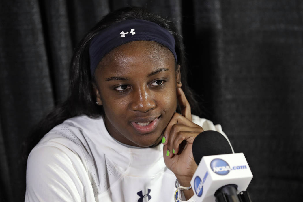Notre Dame guard Jackie Young speaks during a news conference at the women's Final Four NCAA co ...
