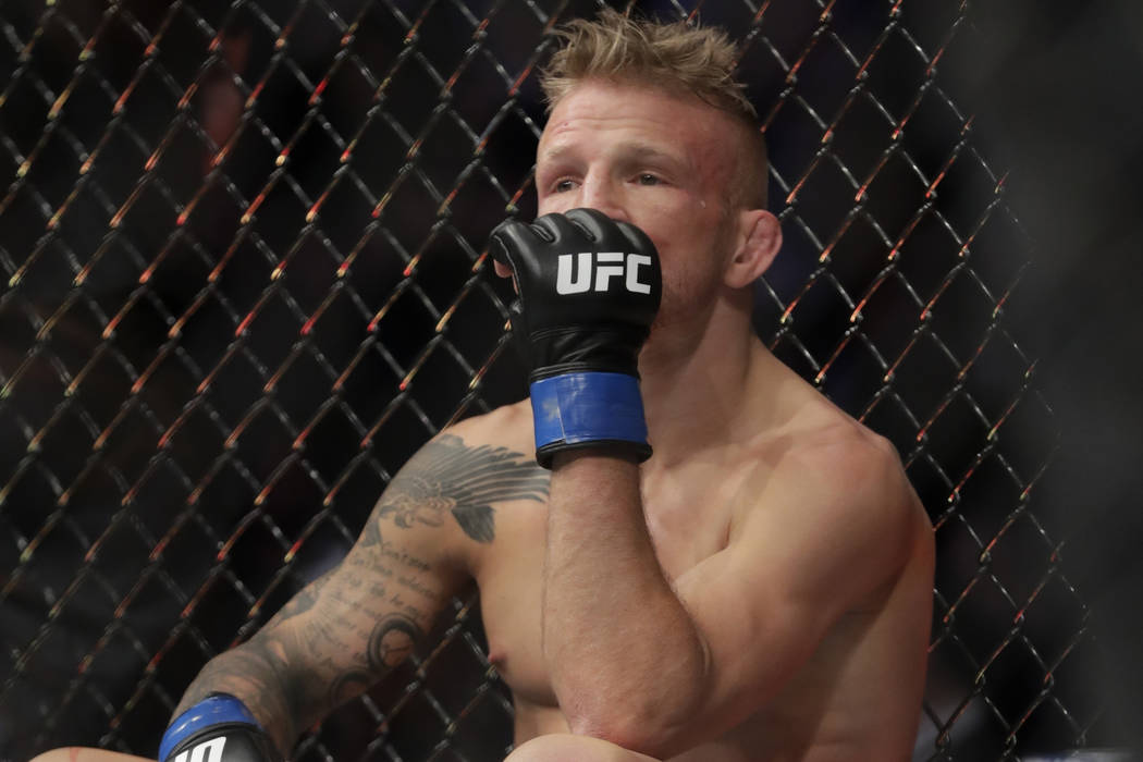 FILE - In this Jan. 20, 2019 file photo, TJ Dillashaw reacts after a flyweight mixed martial ar ...