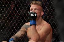 FILE - In this Jan. 20, 2019 file photo, TJ Dillashaw reacts after a flyweight mixed martial ar ...