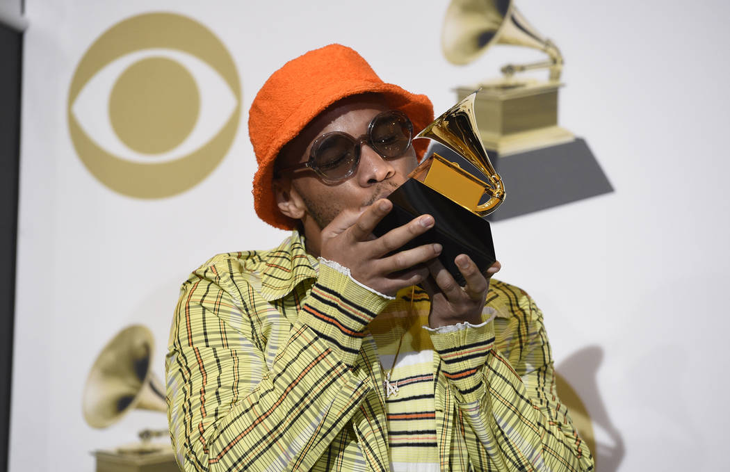 Anderson .Paak, winner of the award for best rap performance for "Bubblin" poses in t ...