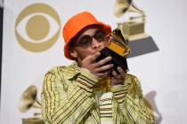 Anderson .Paak, winner of the award for best rap performance for "Bubblin" poses in t ...