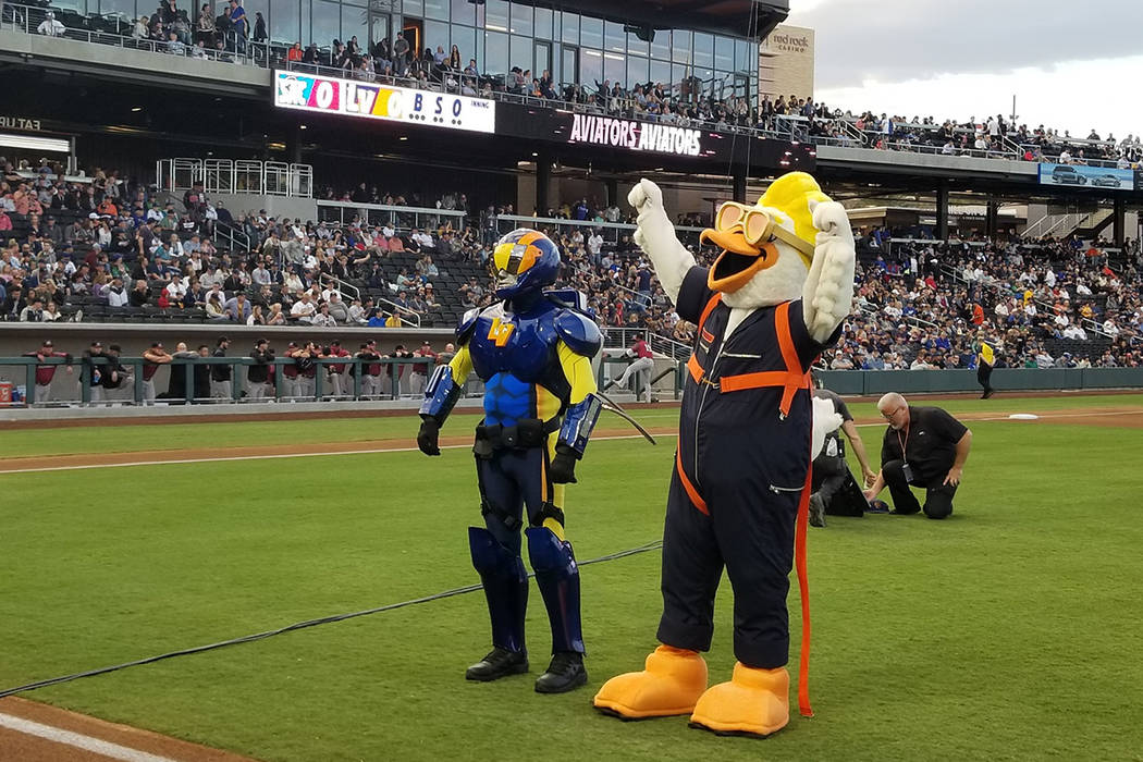 Las Vegas Aviators mascots, the Aviator and Spruce the Goose, greet the crowd at the team's hom ...