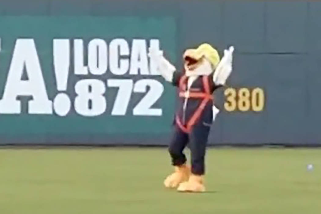 Spruce the Goose makes an entrance before the Las Vegas Aviators home opener at Las Vegas Ballp ...