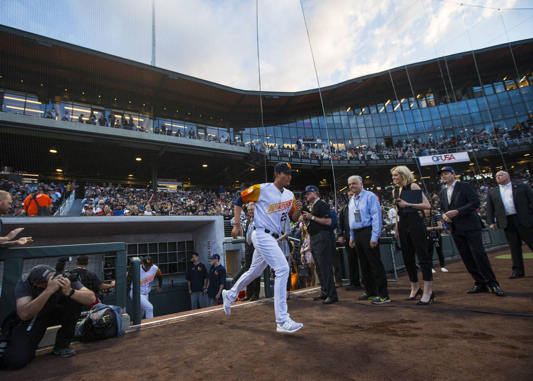 Las Vegas Aviators pitcher Wei-Chung Wang (25) is introduced before the start of the Las Vegas ...