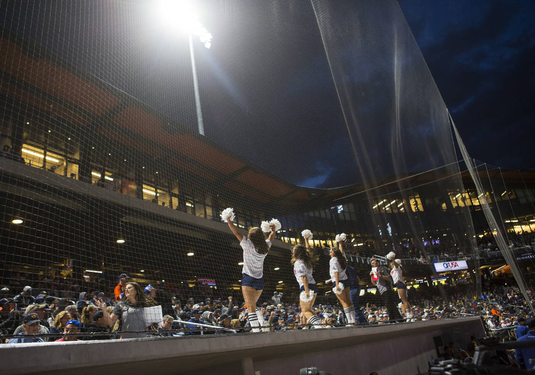 Cheerleaders perform as the Las Vegas Aviators play the Sacramento River Cats during the first ...