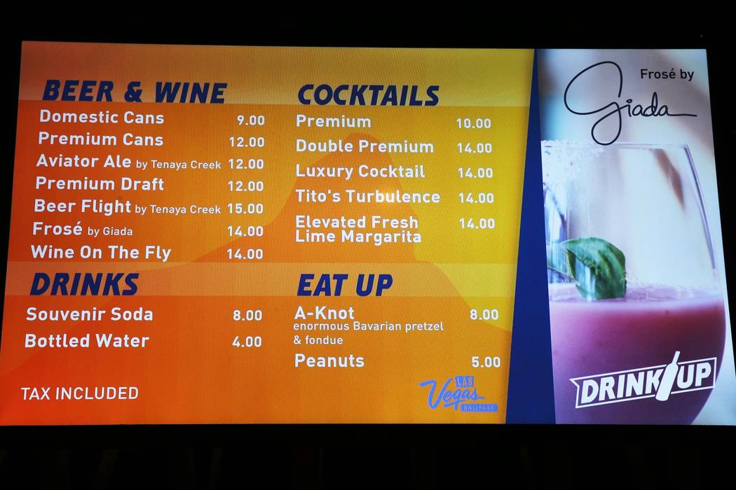 Food and drink prices are shown on opening night for the Las Vegas Aviators at Las Vegas Ballpa ...