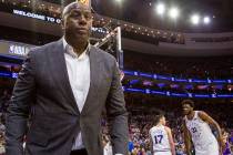 Los Angeles Lakers' President of basketball operations Earvin "Magic" Johnson looks o ...