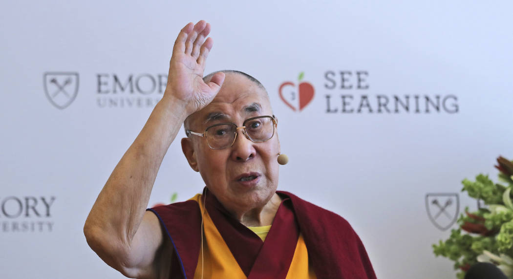 In this April 4, 2019, file photo, Tibetan spiritual leader the Dalai Lama speaks during a pres ...