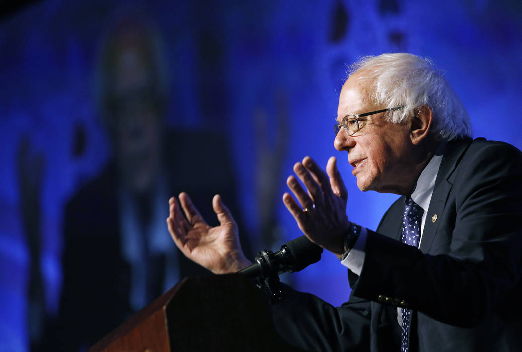 In this April 8, 2019, photo, Democratic presidential candidate Sen. Bernie Sanders, I-Vt., spe ...