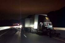 A UPS tractor-trailer sustained severe damage in a head-on crash with another vehicle on Inters ...