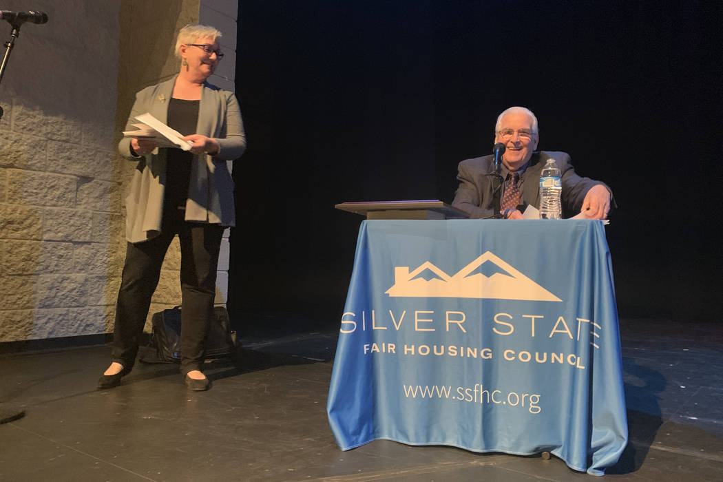 Kate Zook, left, speaks with Bernie Kleina before a discussion about the Fair Housing Act on Ap ...