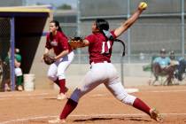 Desert Oasis Jazmyne Compehos (11) pitches against Rancho in the softball game at Durango High ...
