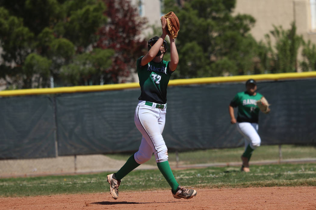Rancho's Kaitlyn Suarez (32) makes a catch in the outfield against Desert Oasis in the softball ...