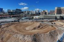 An aerial photo of the construction site of the MSG Sphere at The Venetian, a collaboration bet ...