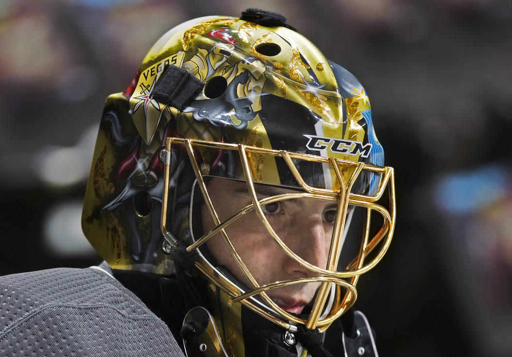 Golden Knights goaltender Marc-Andre Fleury (29) waits to take the ice before morning skate ahe ...