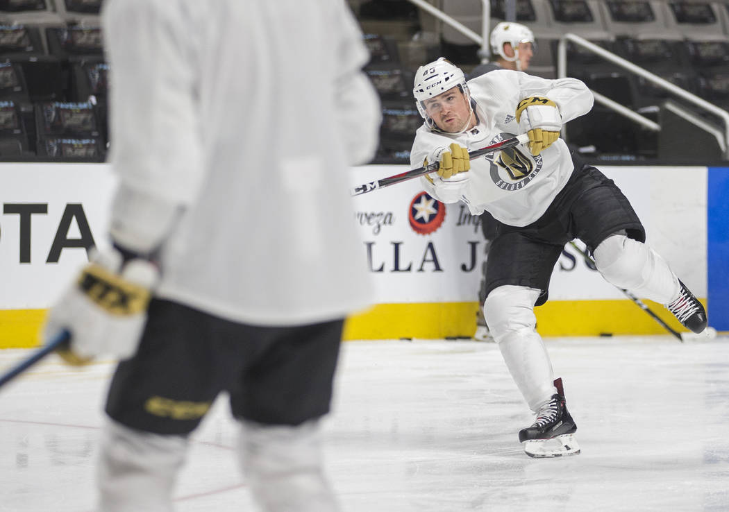 Golden Knights center Ryan Carpenter (40) shoots on goal during morning skate ahead of game one ...