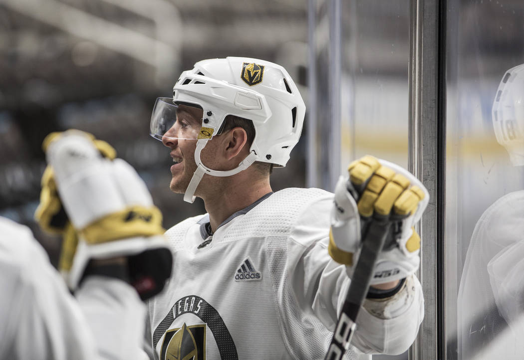 Golden Knights center Jonathan Marchessault (81) gets ready to take the ice before morning skat ...