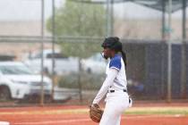 Shadow Ridge's Jasmine Martin (8) gets ready to pitch in the first inning of a softball game as ...