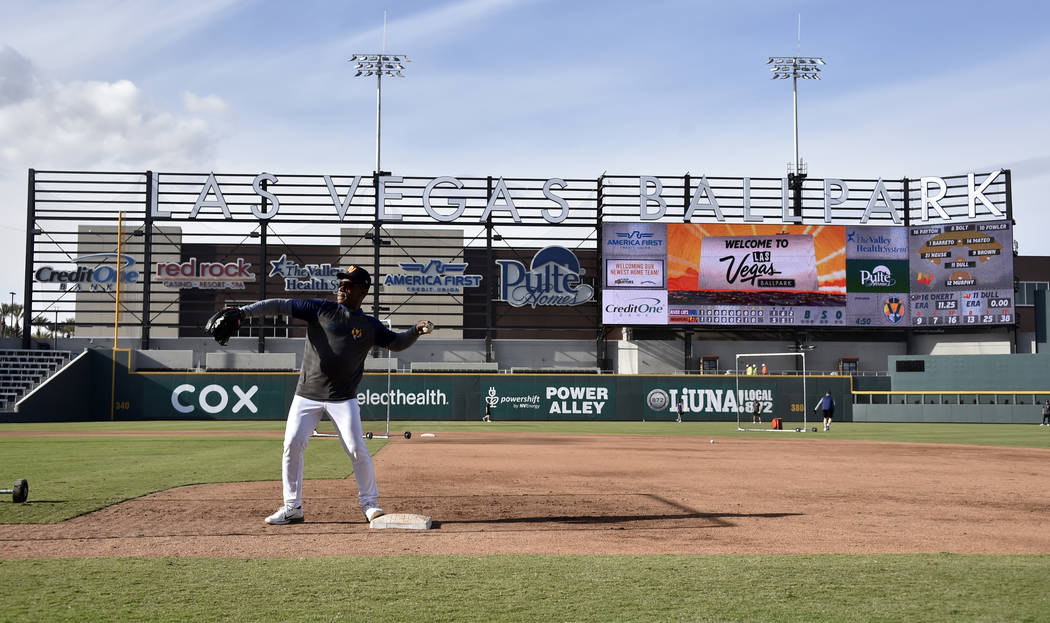 Retired Major League baseball player and now special coach Rickey Henderson works with the Las ...