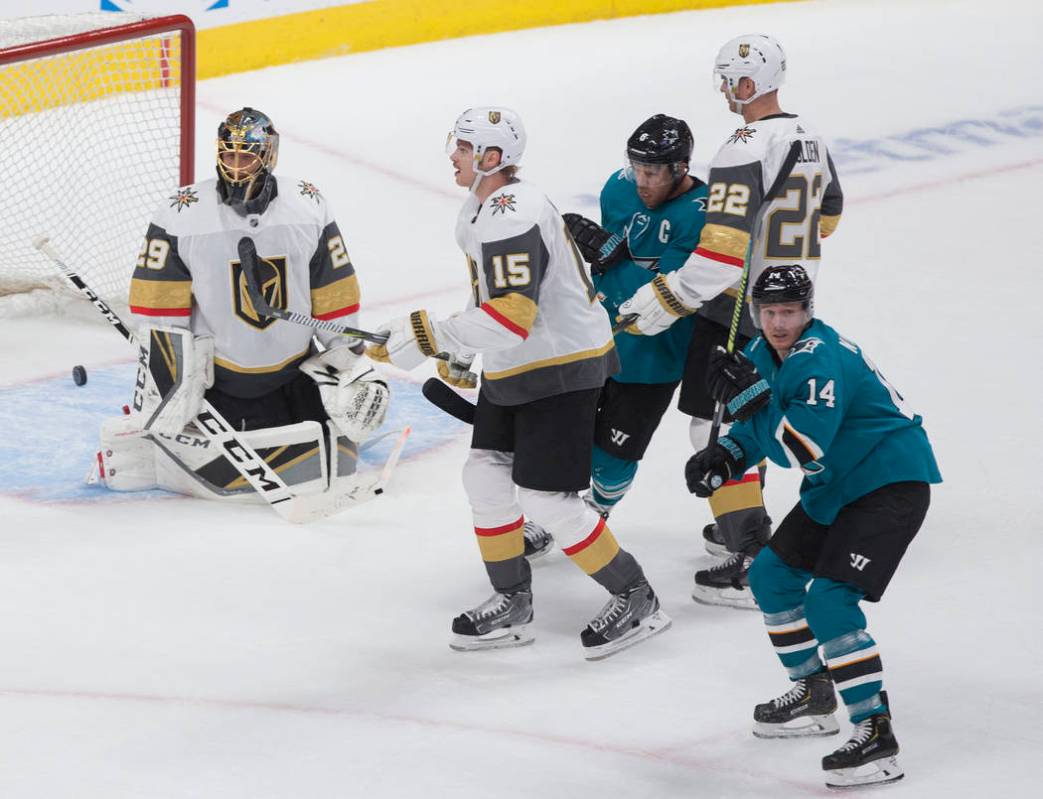 San Jose Sharks center Gustav Nyquist (14) celebrates after teammate Joe Pavelski (8) scored a ...