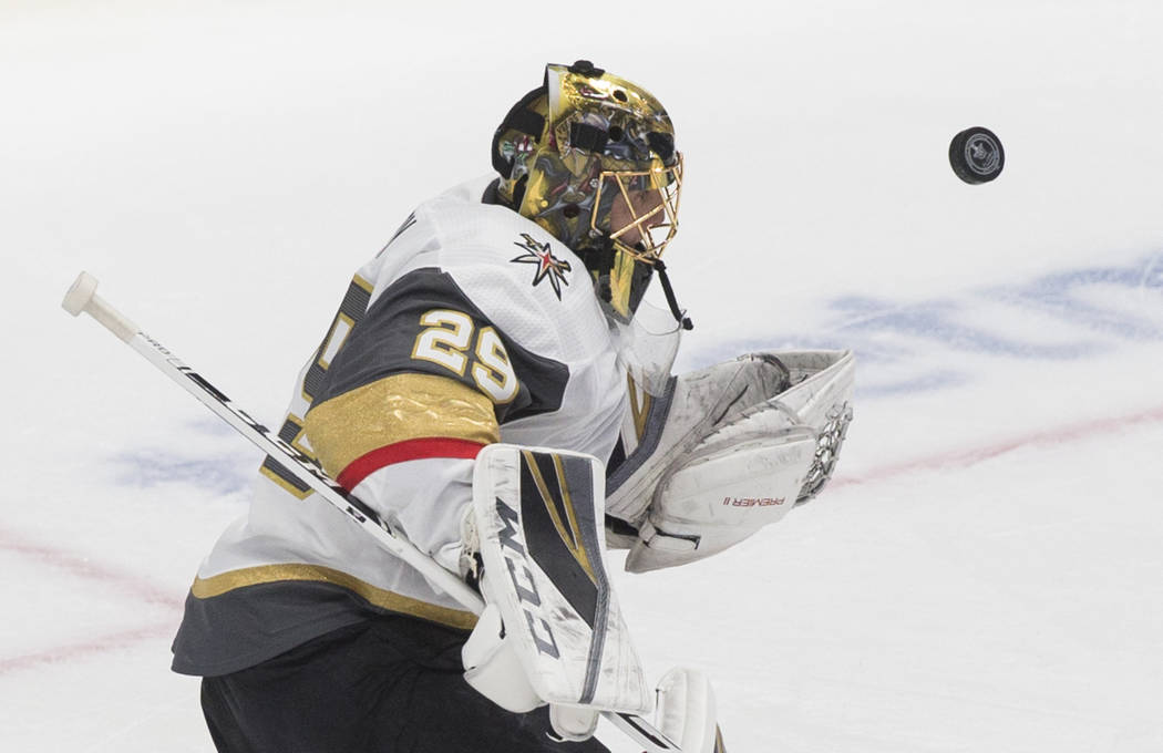 Golden Knights goaltender Marc-Andre Fleury (29) makes a save in the first period during game o ...