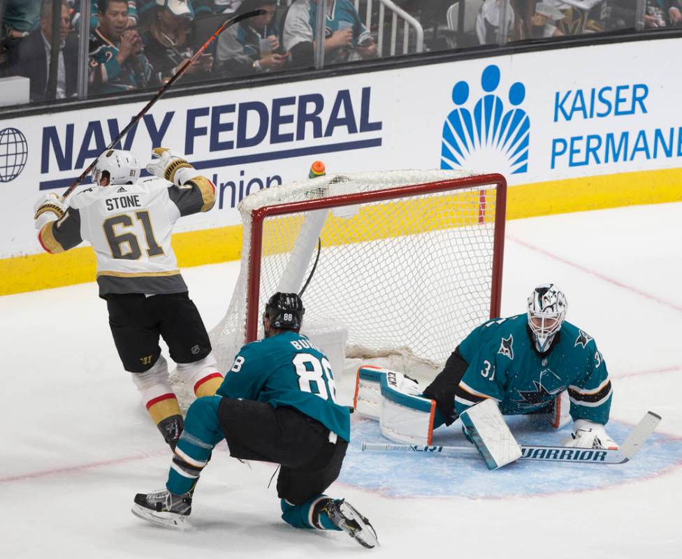 Golden Knights right wing Mark Stone (61) celebrates after scoring a goal in the second period ...