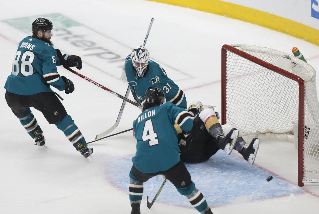 San Jose Sharks goaltender Martin Jones (31) makes a save in the third period during Game 1 of ...