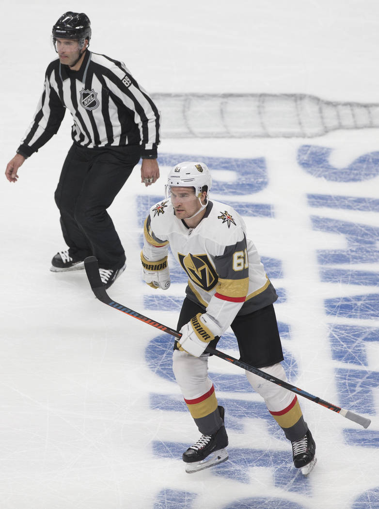 Golden Knights right wing Mark Stone (61) skates towards the bench after scoring a third-period ...