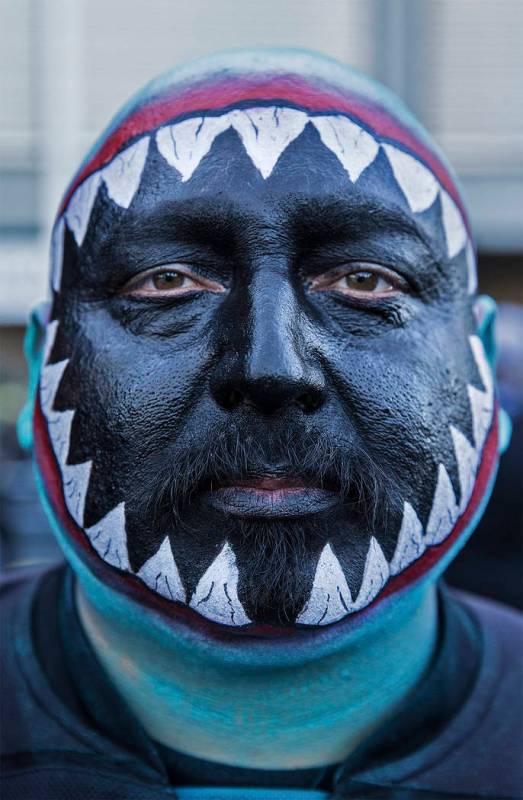 Sharks fan Herbert Hinojosa outside the SAP Center before the start of game one of the NHL West ...
