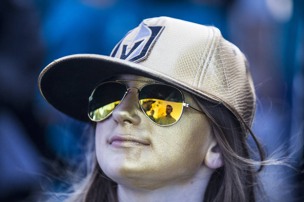 Golden Knights fan Madeline Ellis, 11, outside the SAP Center before the start of game one of t ...