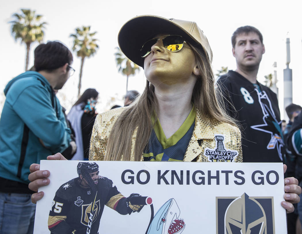 Golden Knights fan Madeline Ellis, 11, outside the SAP Center before the start of game one of t ...