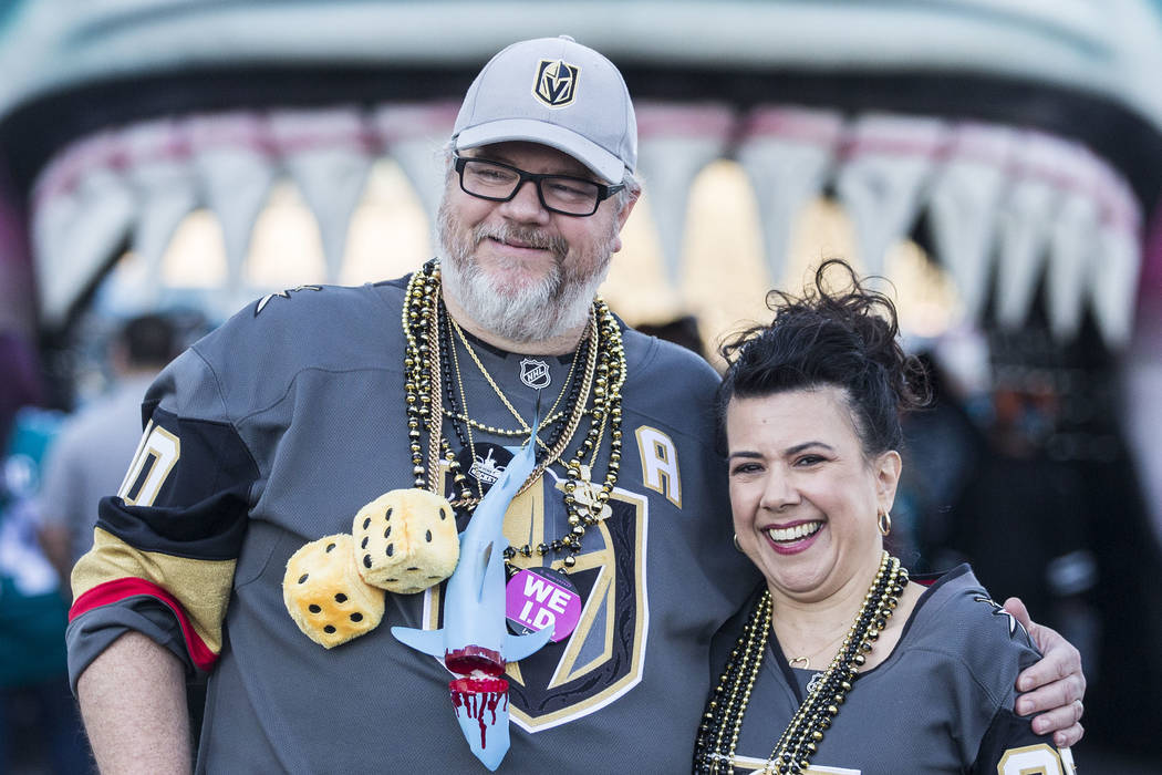 Golden Knights fans David and Victoria Hardy outside the SAP Center before the start of game on ...