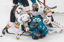 Golden Knights goaltender Marc-Andre Fleury (29) makes a save against San Jose Sharks right win ...