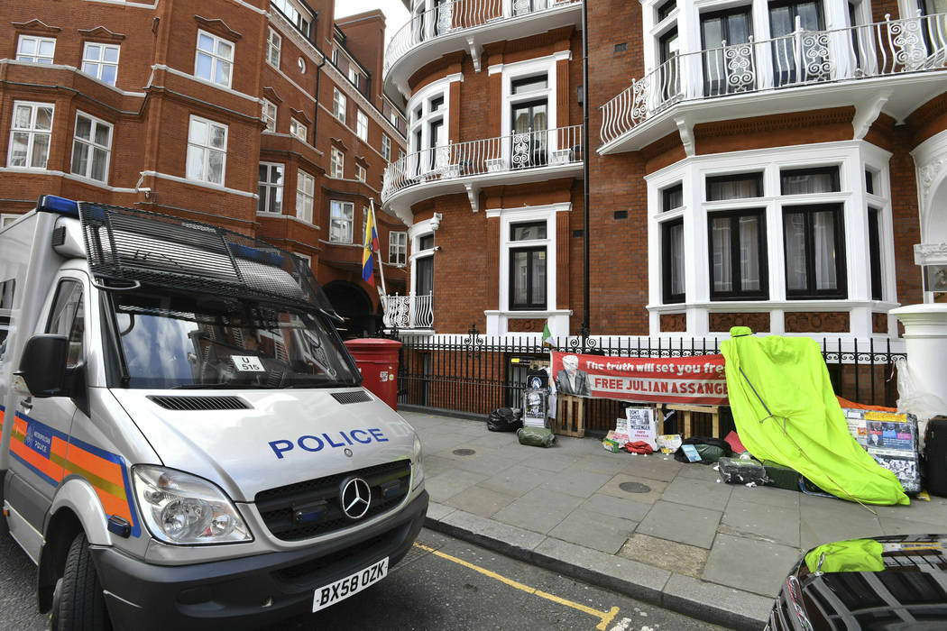 A police vehicle parked outside the Ecuadorian Embassy in London, after WikiLeaks founder Julia ...