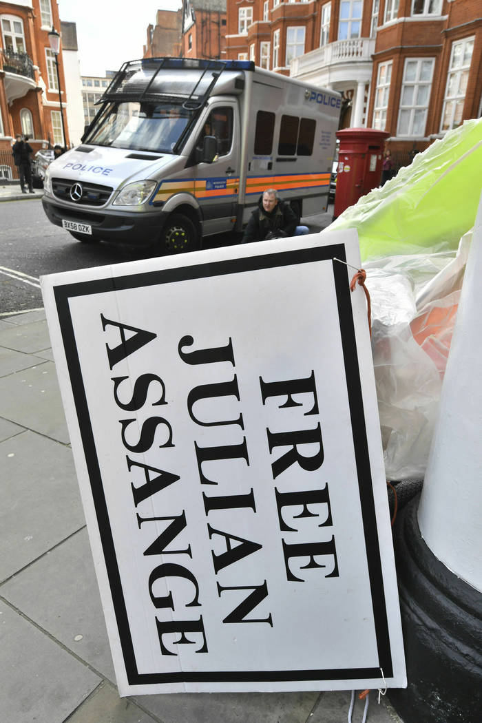 A police car parked outside the Ecuadorian Embassy in London, after WikiLeaks founder Julian As ...