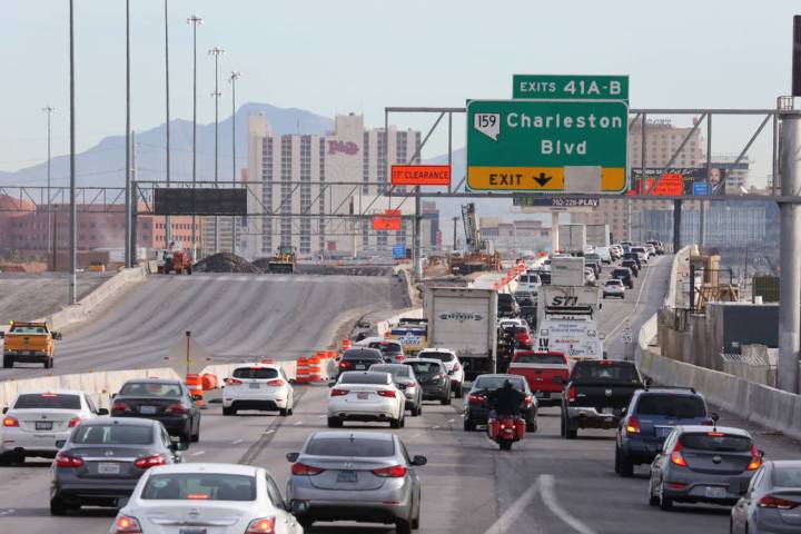 Traffic backs up in the northbound lanes of Interstate 15, near Charleston Boulevard Exit in La ...