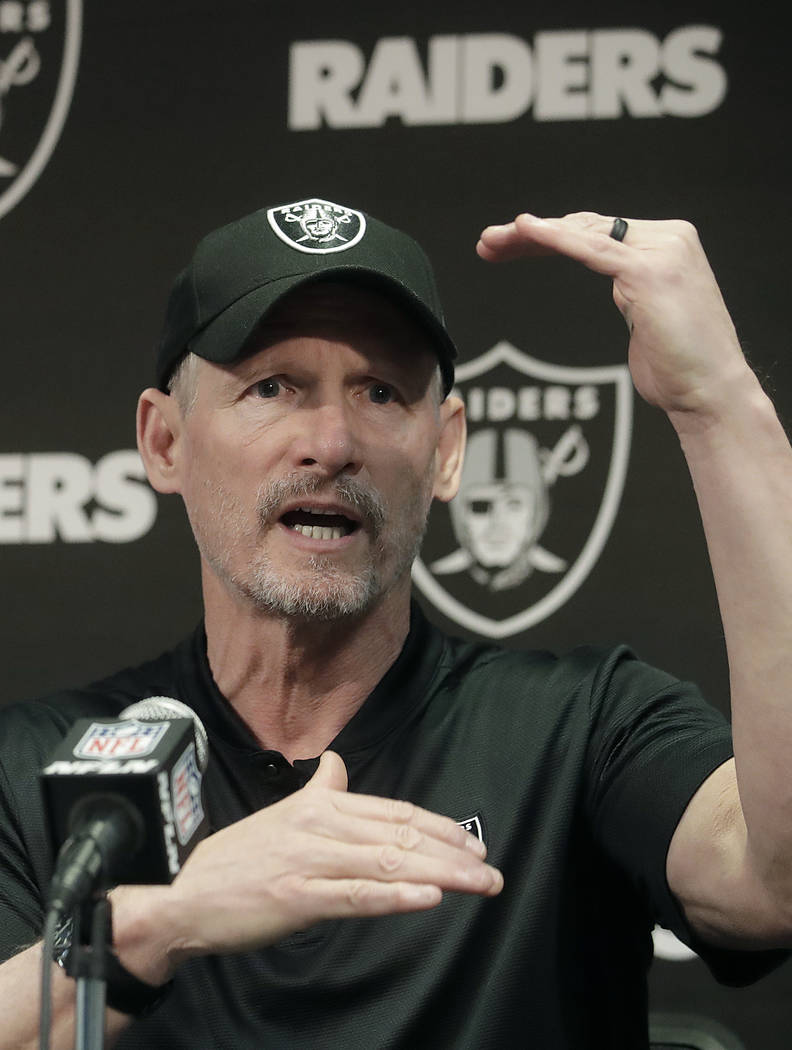 Oakland Raiders general manager Mike Mayock speaks during a news conference at the team's NFL f ...