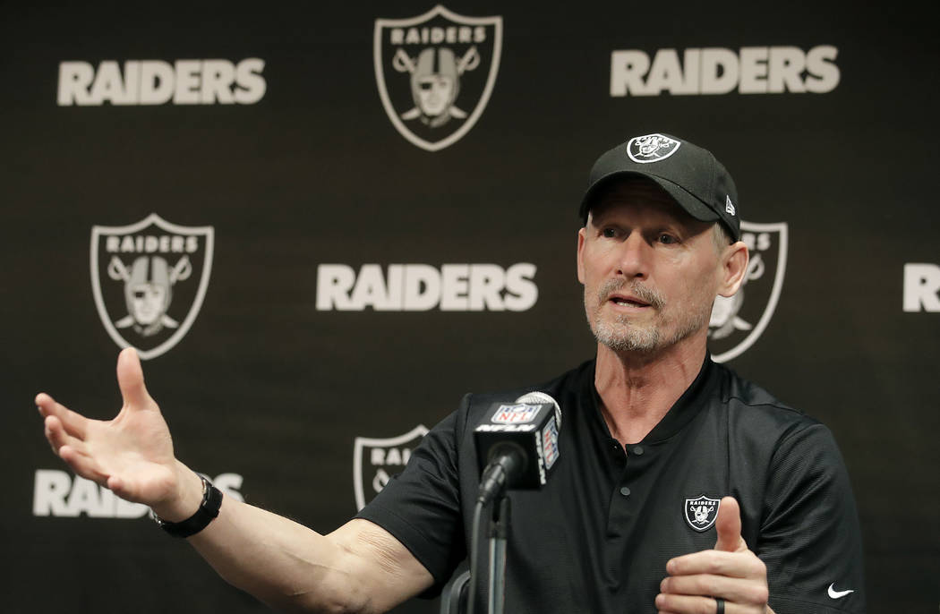 Oakland Raiders general manager Mike Mayock speaks during a news conference at the team's NFL f ...
