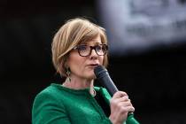 Rep. Susie Lee, D-Nev., and founder of Girl Scout troop 41, speaks at a viewing of local Girl S ...