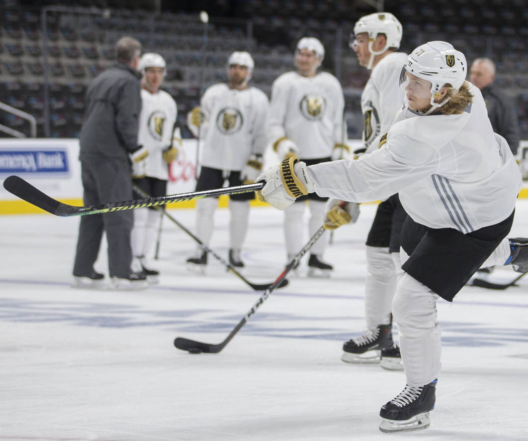 Golden Knights center William Karlsson (71) shoots on goal during practice on Thursday, April 1 ...