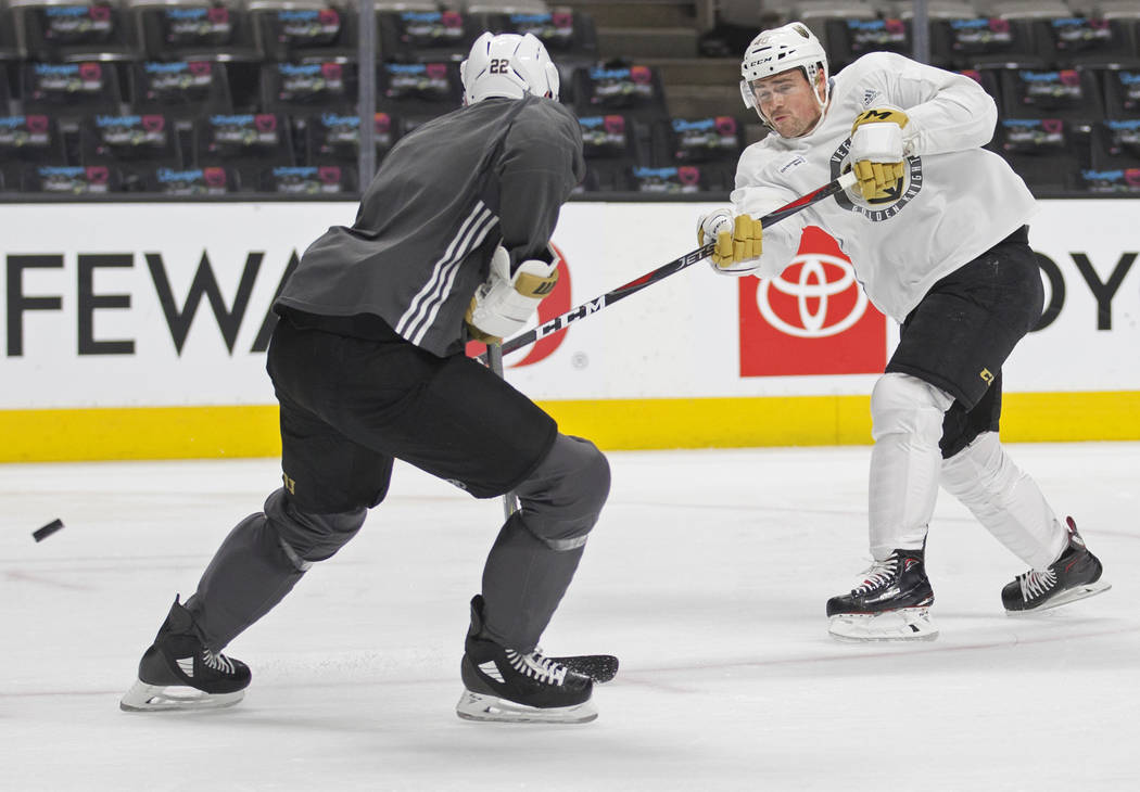 Golden Knights center Ryan Carpenter (40) takes a shot during practice on Thursday, April 11, 2 ...