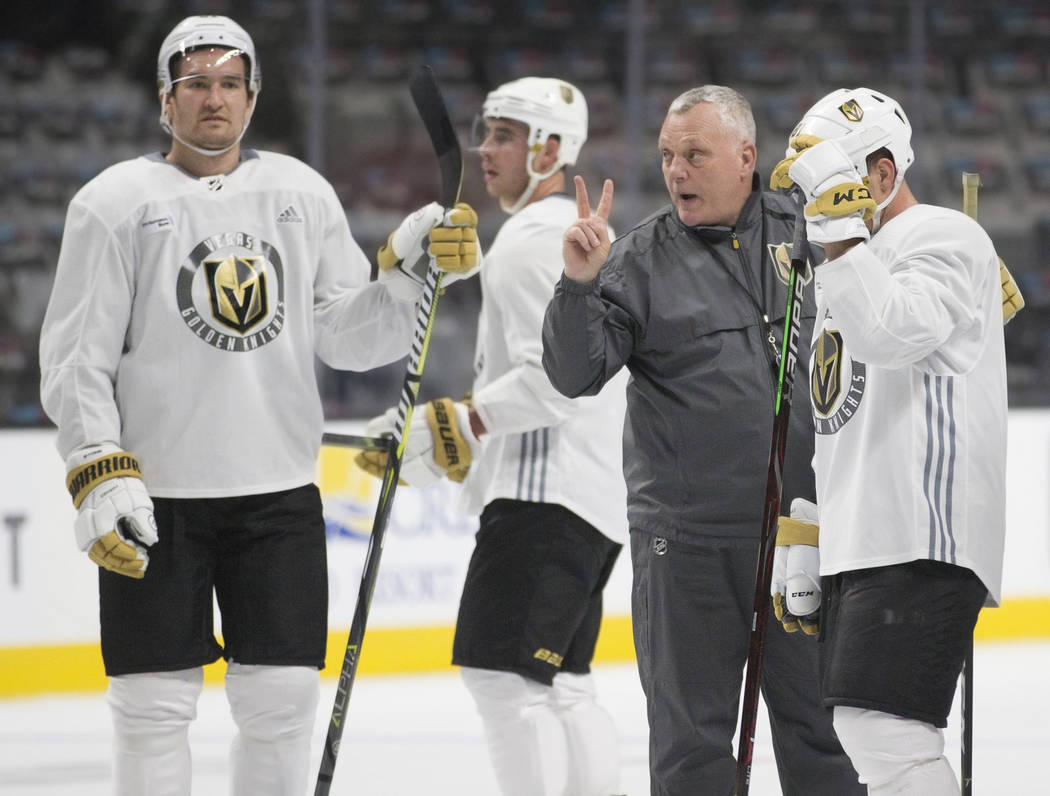 The Golden Knights work through drills during practice on Thursday, April 11, 2019, at SAP Cent ...