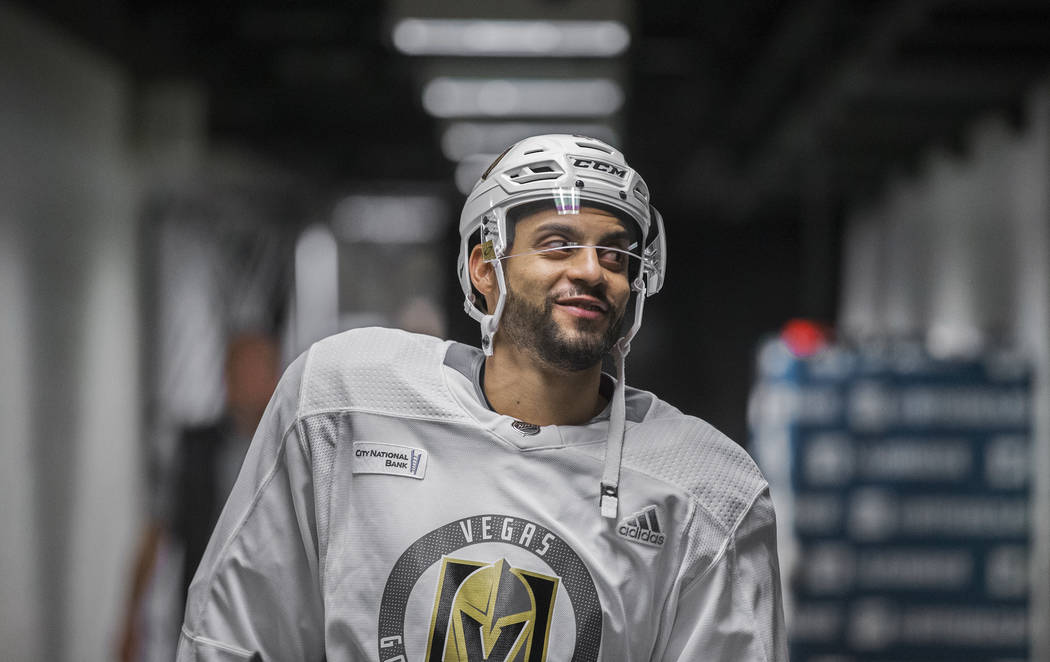 Golden Knights right wing Ryan Reaves (75) walks through the tunnel at SAP Center before the st ...